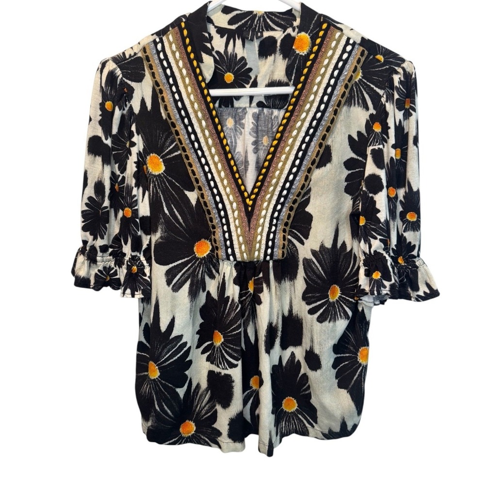 Blank London Womens Black Floral V-Neck Embroidered Ruffle Cuff Top M Boho